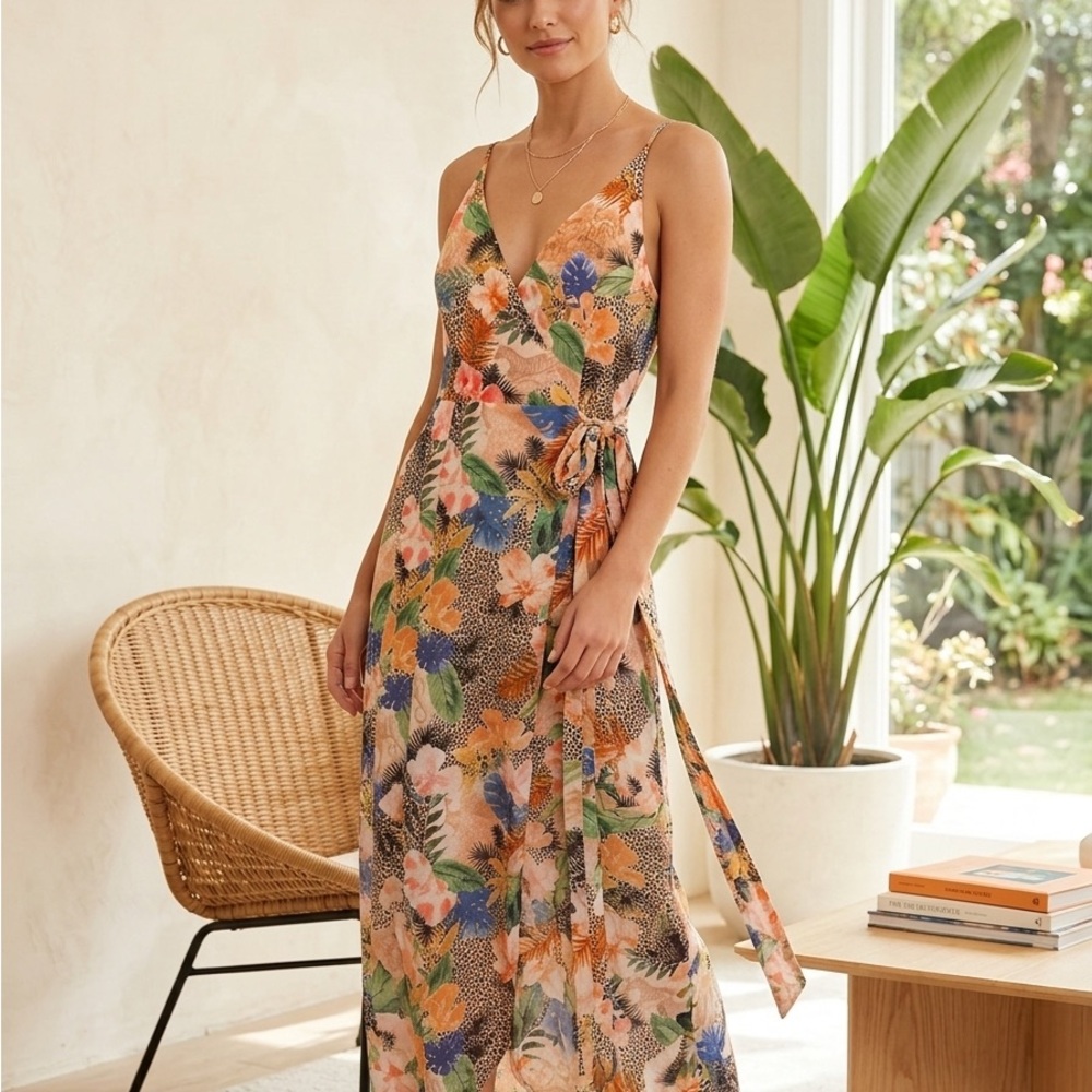 Floral Wrap Maxi Dress in Peach Multi